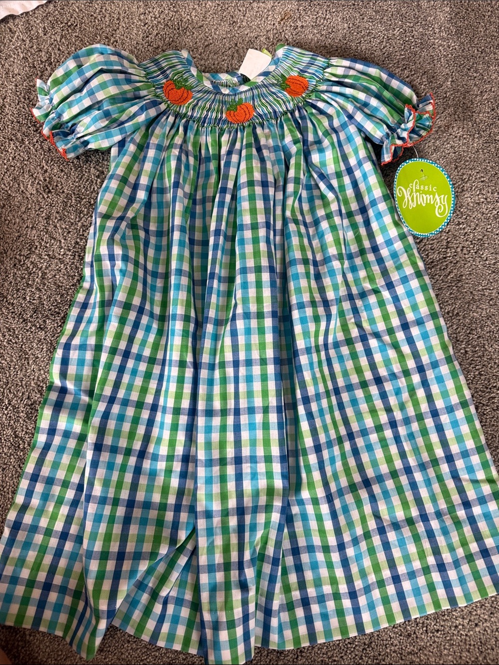 Classic Whimsy Girls' Green & Blue Gingham Smocked Dress with Pumpkin Embroidery